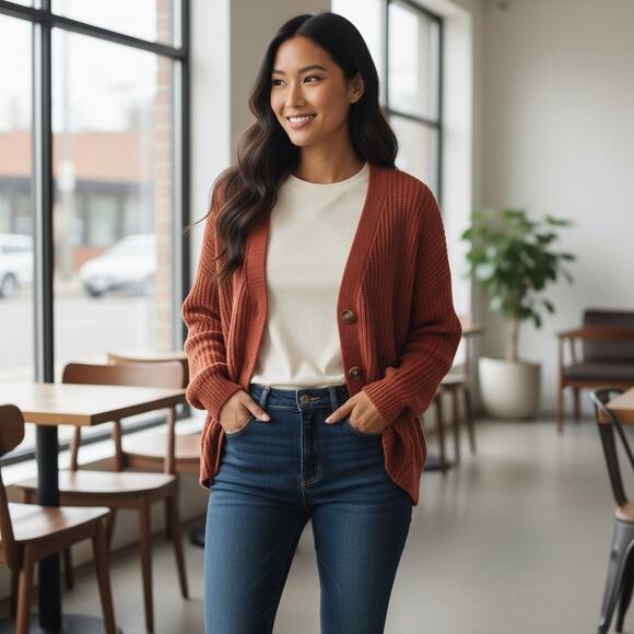 American Eagle oversized boxy button up v-neck rusty brick red sweater Size S - Picture 9 of 9